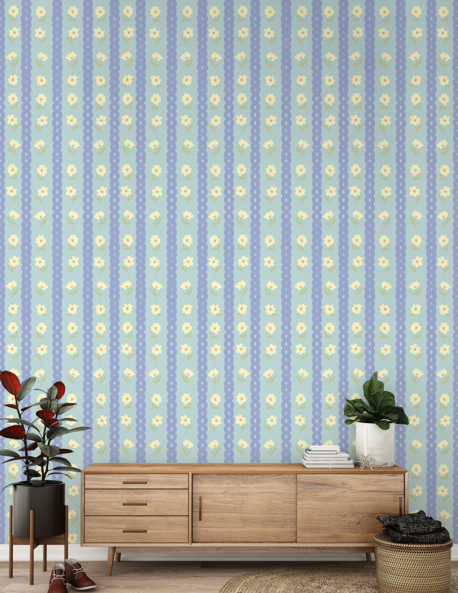Blue Bloom Stripes Wallpaper⁠
