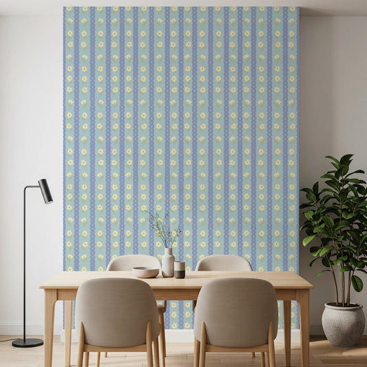 Blue Bloom Stripes Wallpaper adds soft floral rows to a calm modern dining space