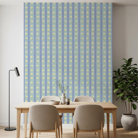 Blue Bloom Stripes Wallpaper adds soft floral rows to a calm modern dining space, GD8121