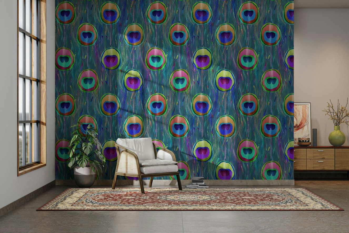 Blue Bohemian Peacock Feathers  Wallpaper⁠