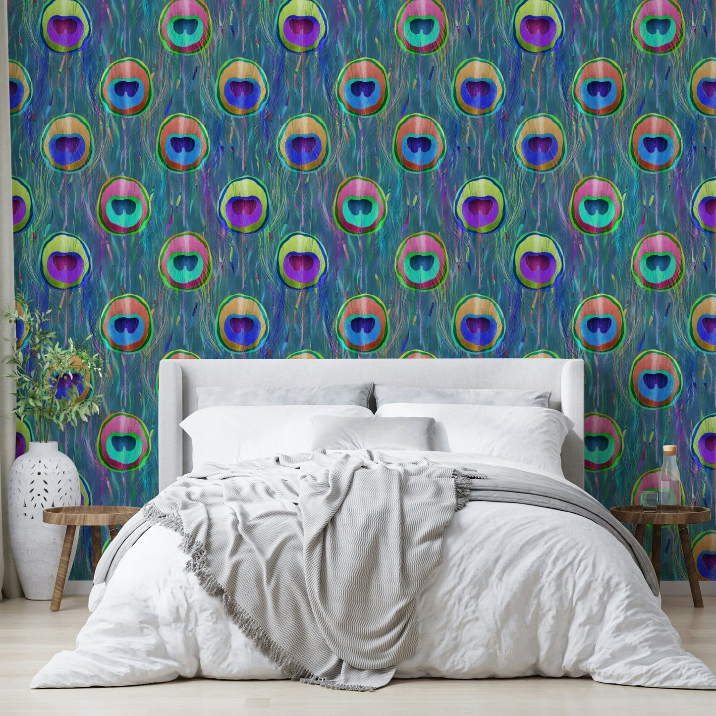 Blue Bohemian Peacock Feathers  Wallpaper⁠