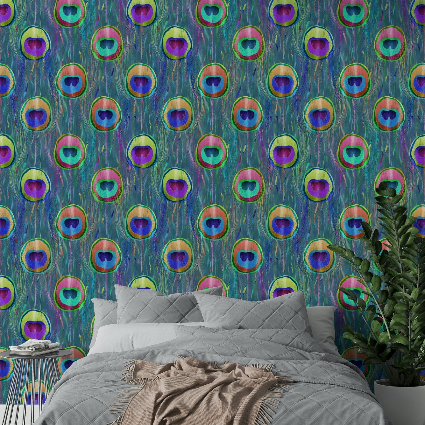 Blue Bohemian Peacock Feathers  Wallpaper⁠