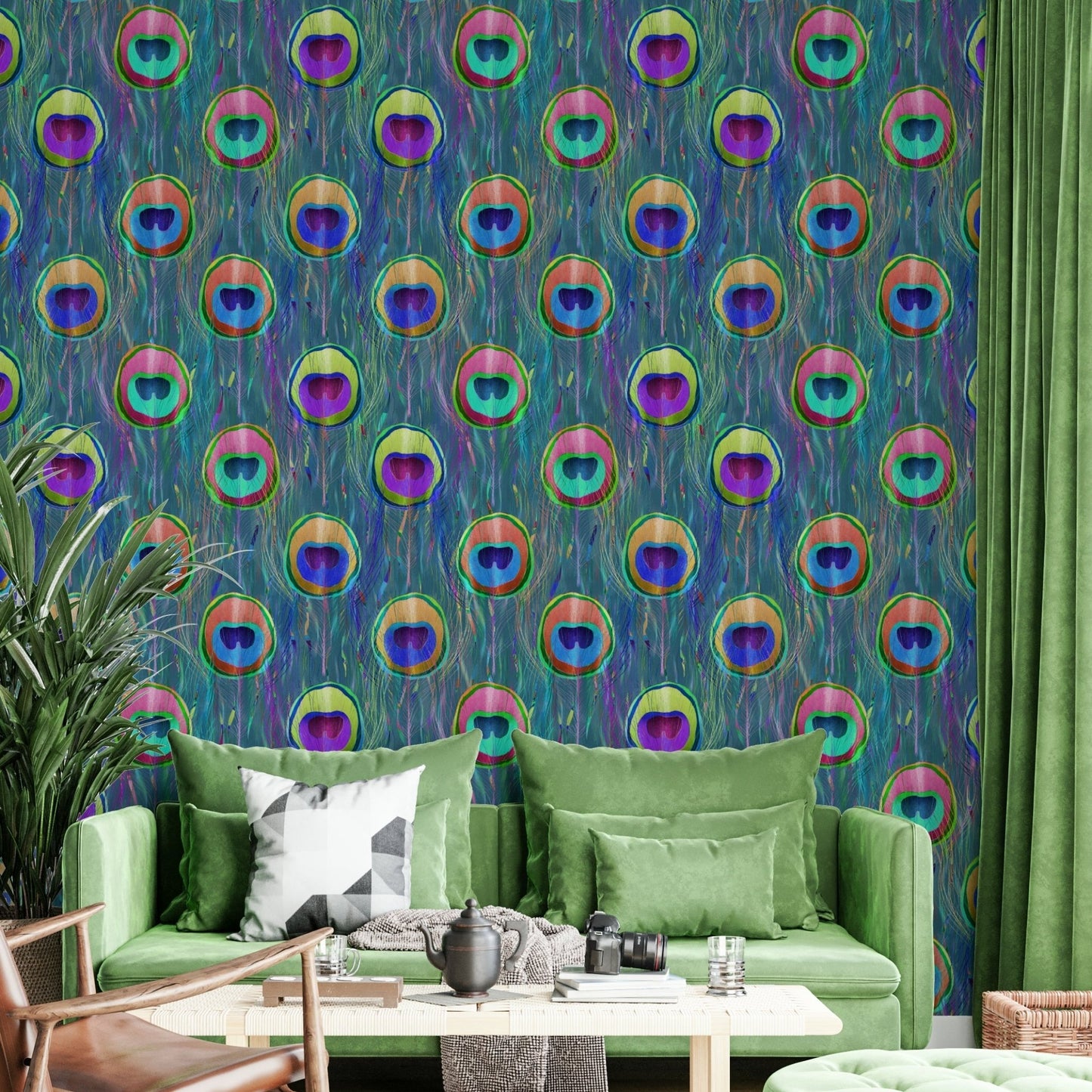 Blue Bohemian Peacock Feathers  Wallpaper⁠