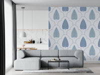 Serene Arbor refined blue wallpaper featuring lace-like borders.