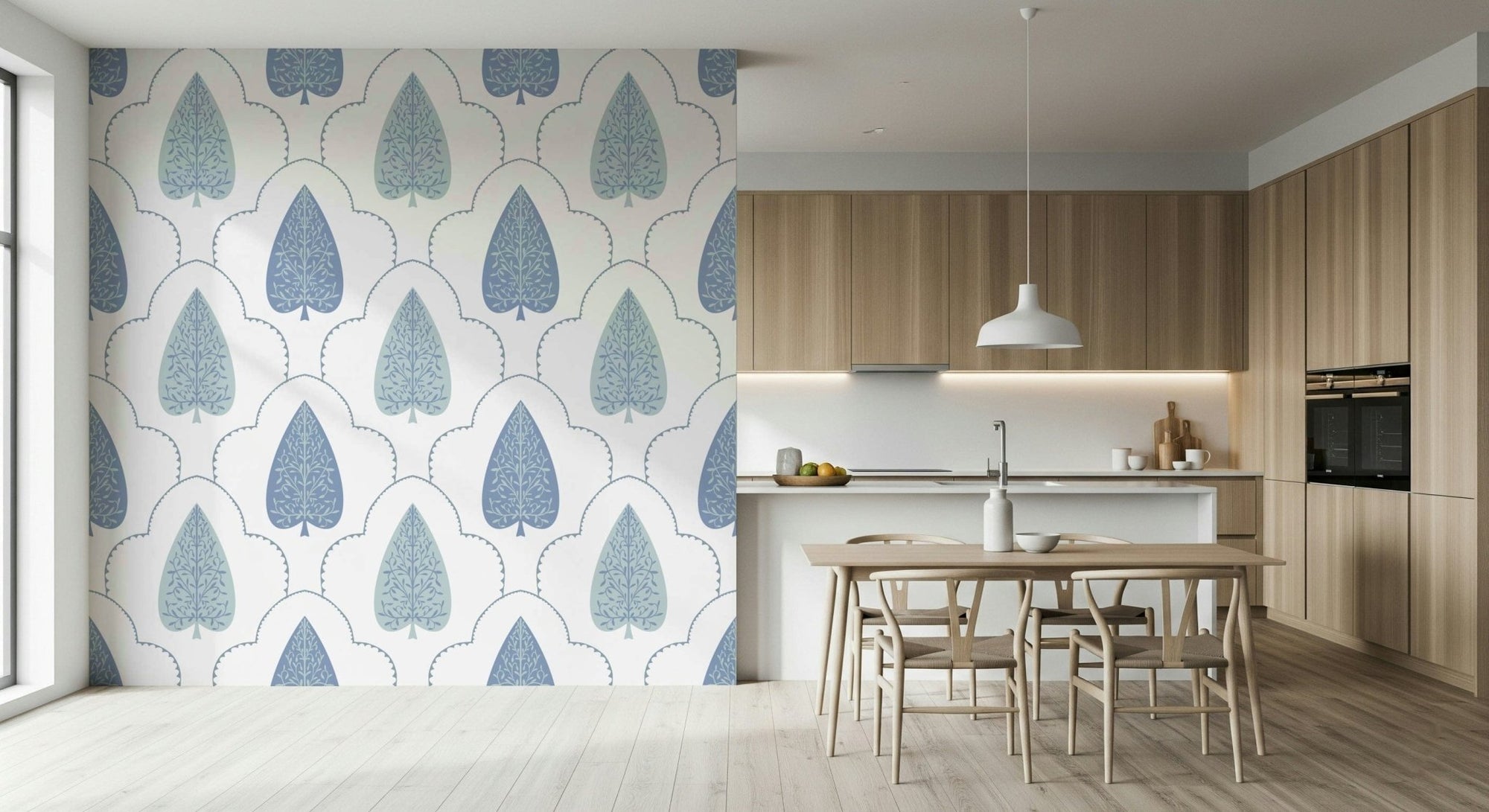 Blue Botanic Arbor stylized leaf wall mural, cool blue tones., GD6850
