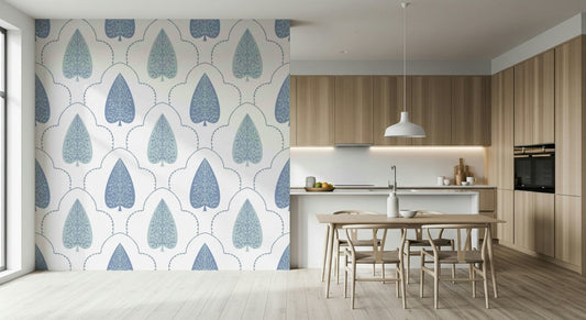 Blue Botanic Arbor stylized leaf wall mural, cool blue tones.