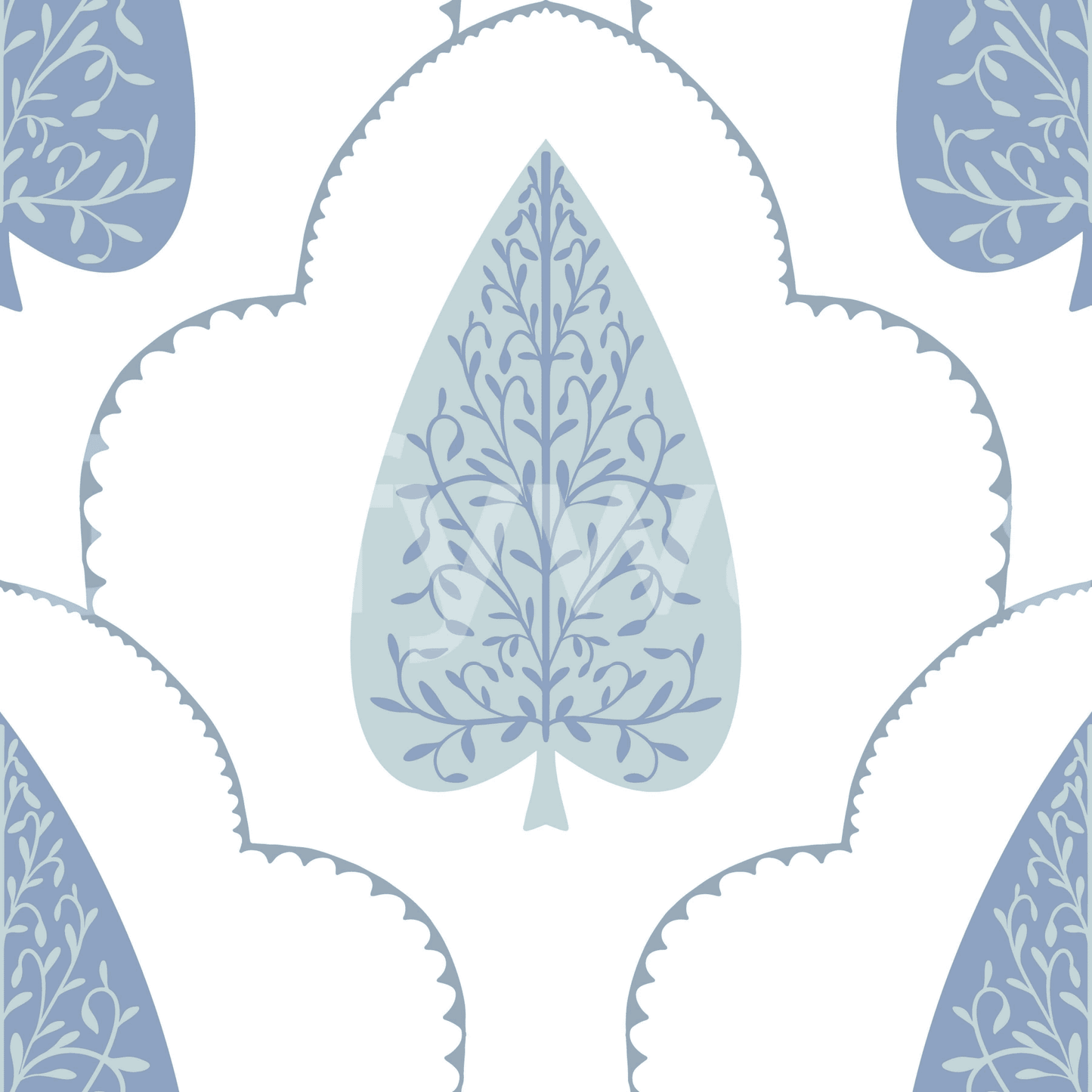 Blue Botanic Arbor beautiful wall mural, detailed leaf patterning.