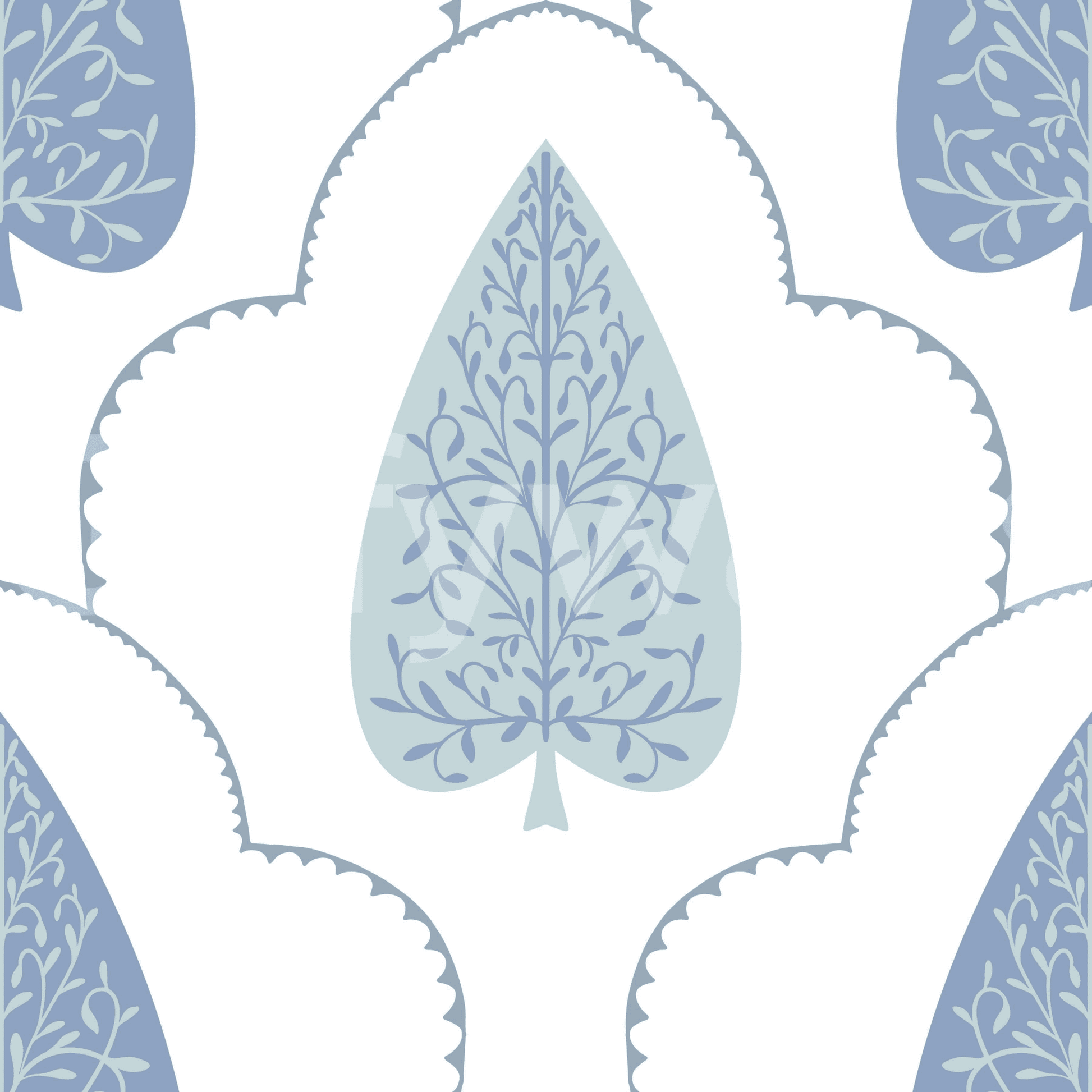 Blue Botanic Arbor beautiful wall mural, detailed leaf patterning.