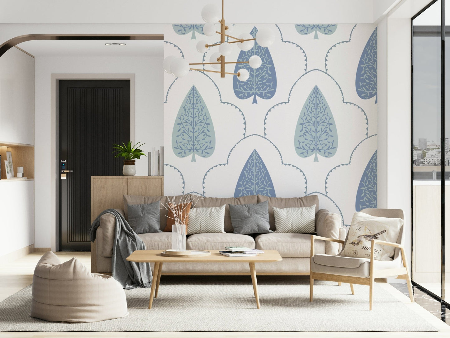 Elegant Arbor scalloped pattern wallpaper with detailed tree motif.