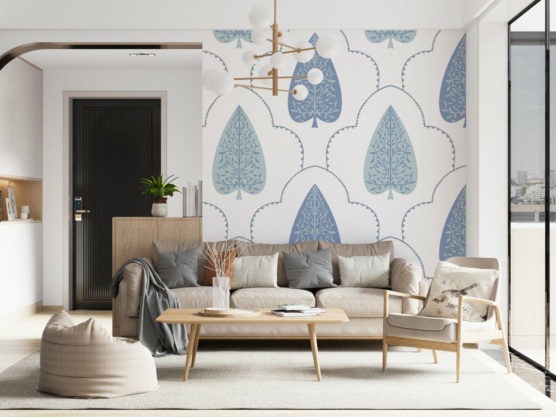 Elegant Arbor scalloped pattern wallpaper with detailed tree motif.