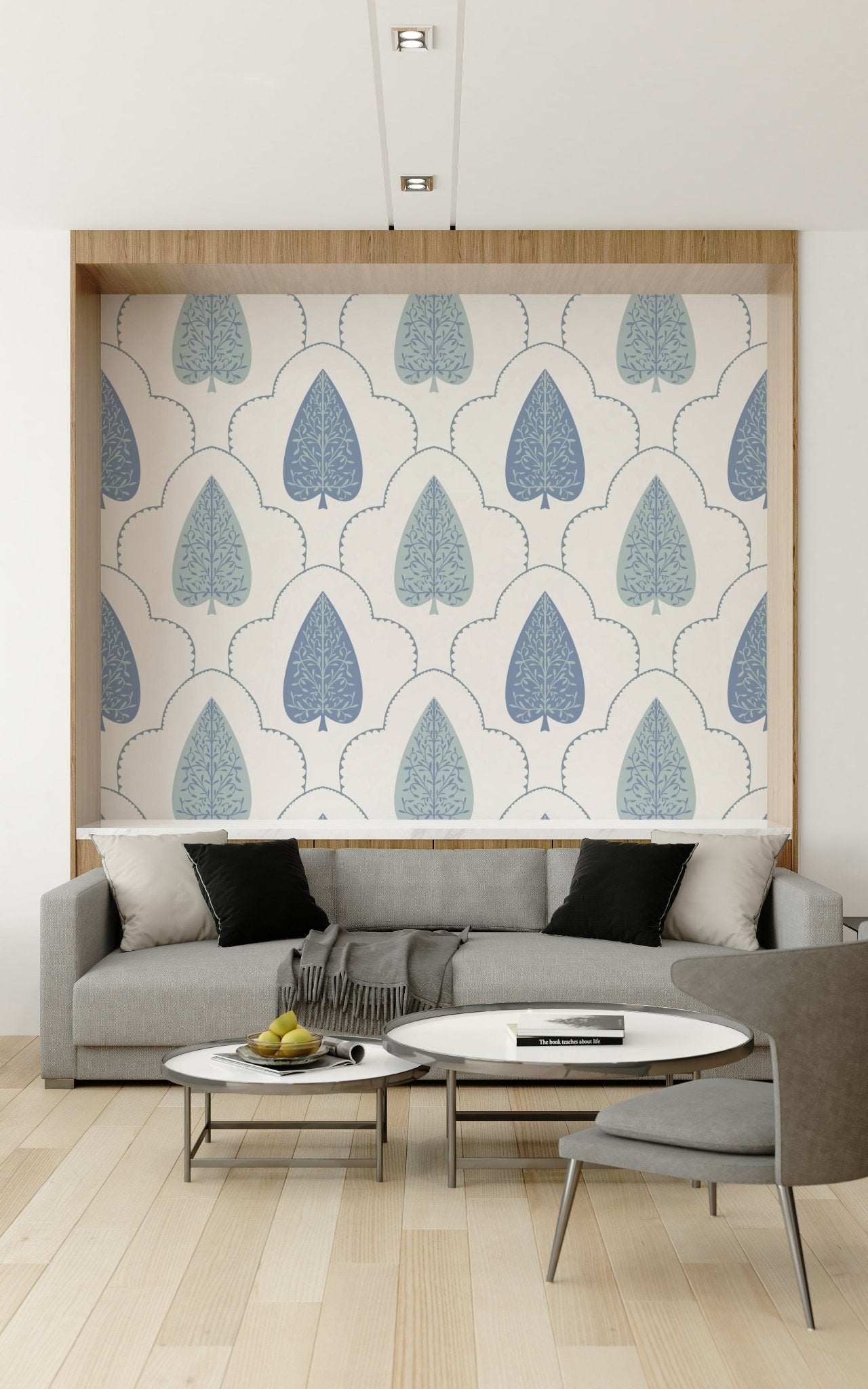 Blue Botanic Arbor Mural, sophisticated leaf and arch design display.