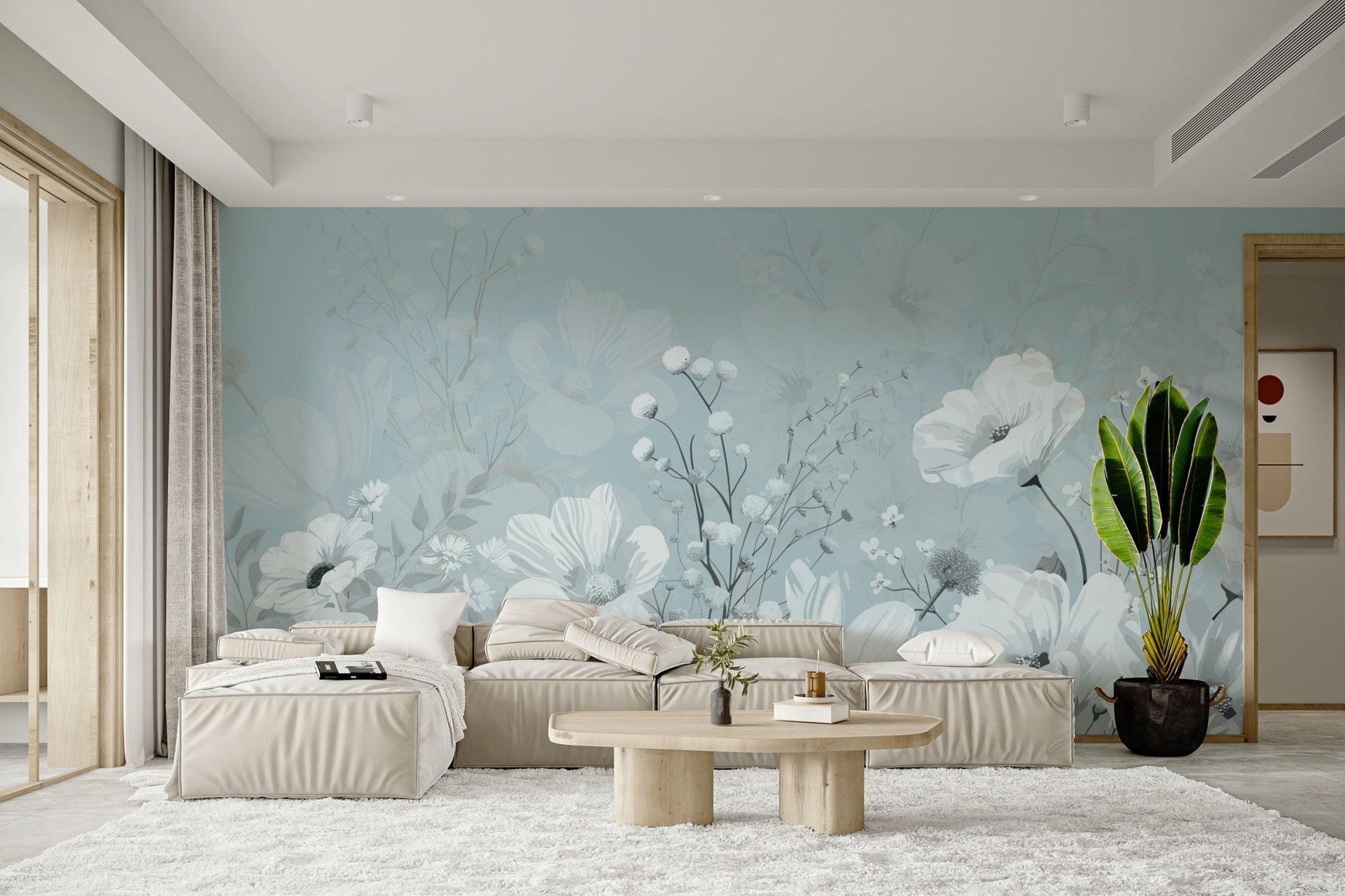 Tranquil blue botanical wallpaper style
