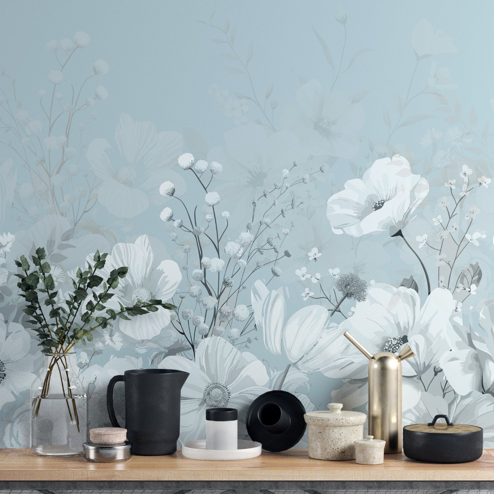 Stylish blue botanical wallpaper mural