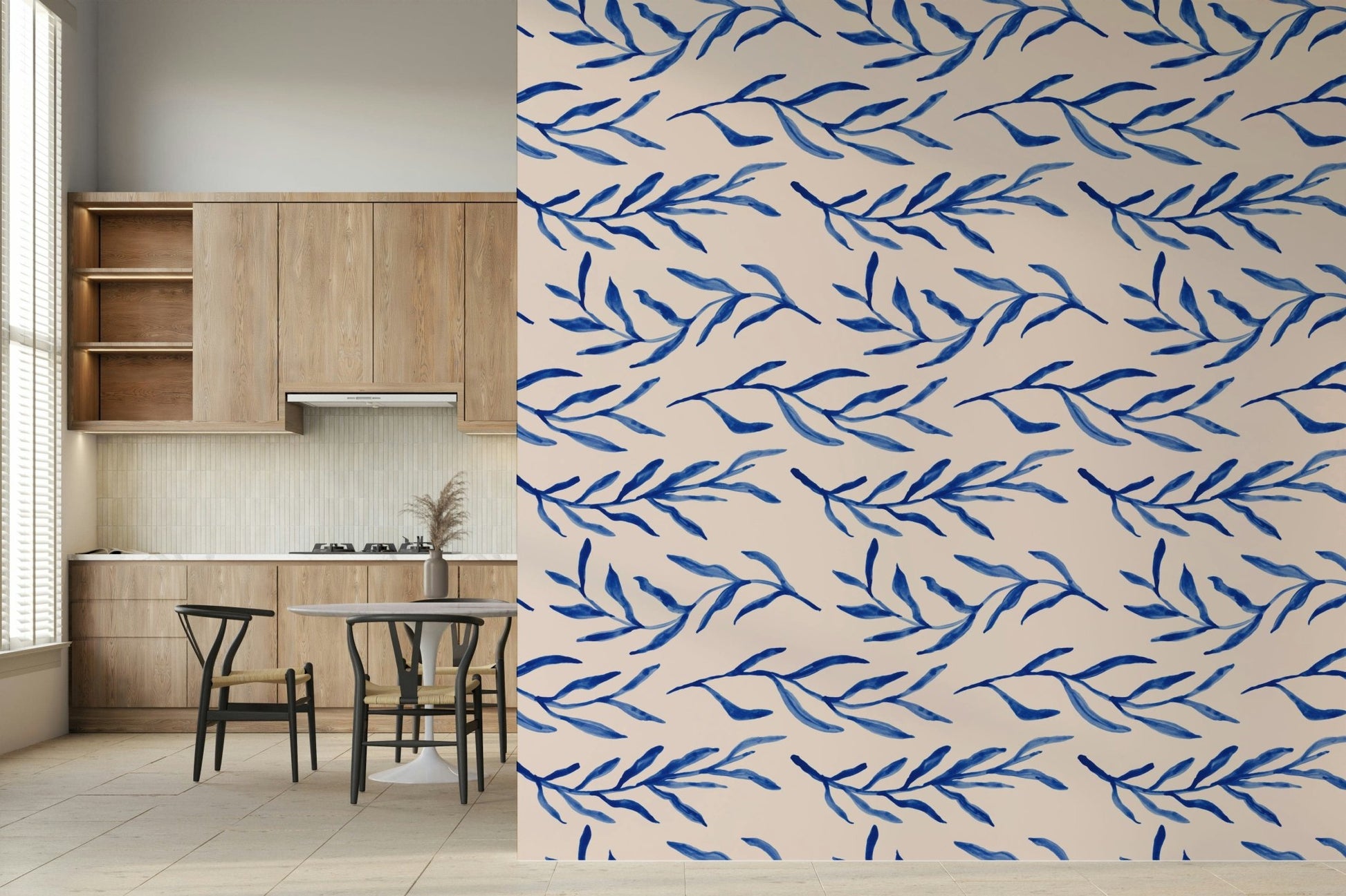Vibrant blue color on Blue Botanical Print Wallpaper mural.