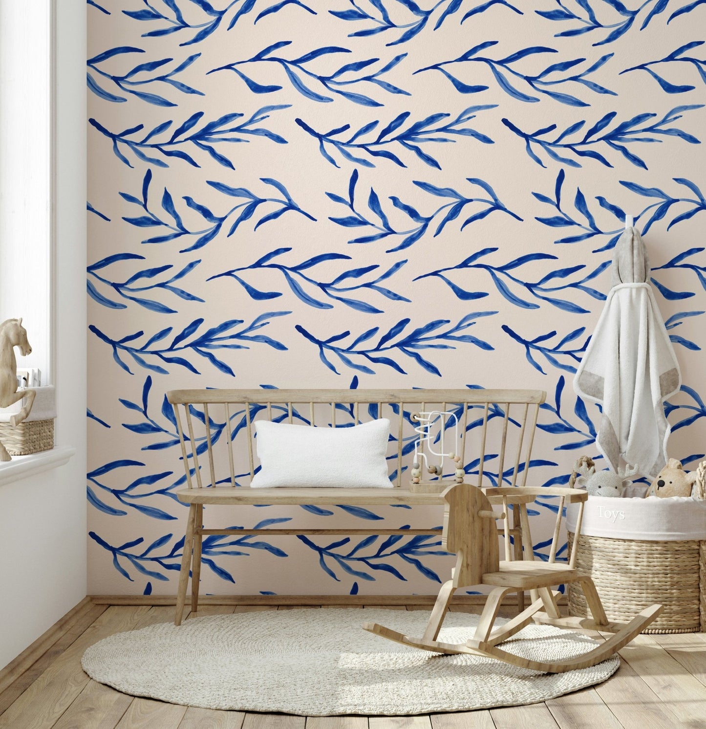 Interior featuring the peaceful Blue Botanical Print Wallpaper in a bedroom.