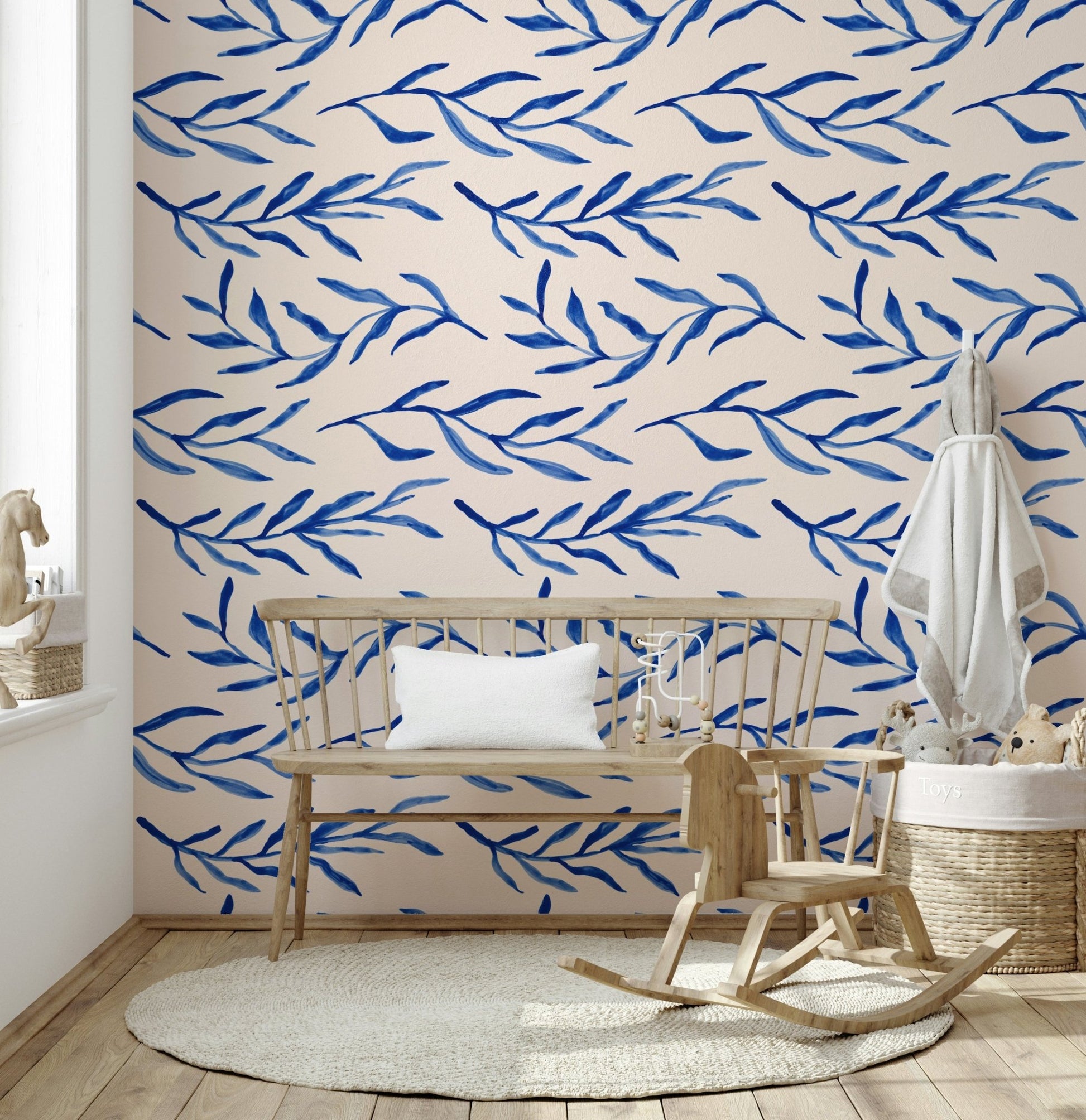 Interior featuring the peaceful Blue Botanical Print Wallpaper in a bedroom.