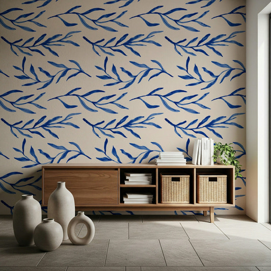 Wide room perspective featuring the Blue Botanical Print Wallpaper.