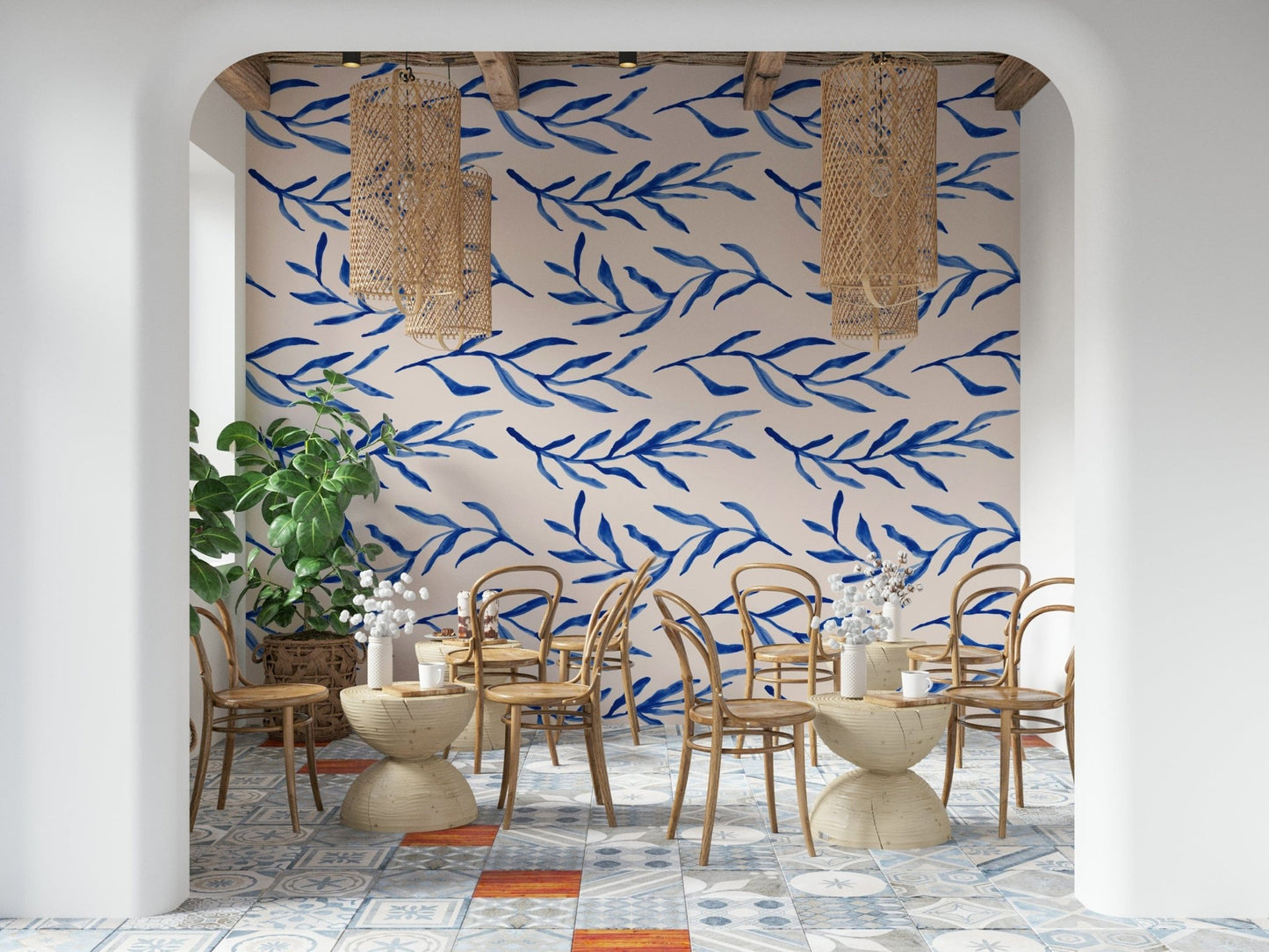 Contemporary room styled with the Blue Botanical Print Wallpaper.