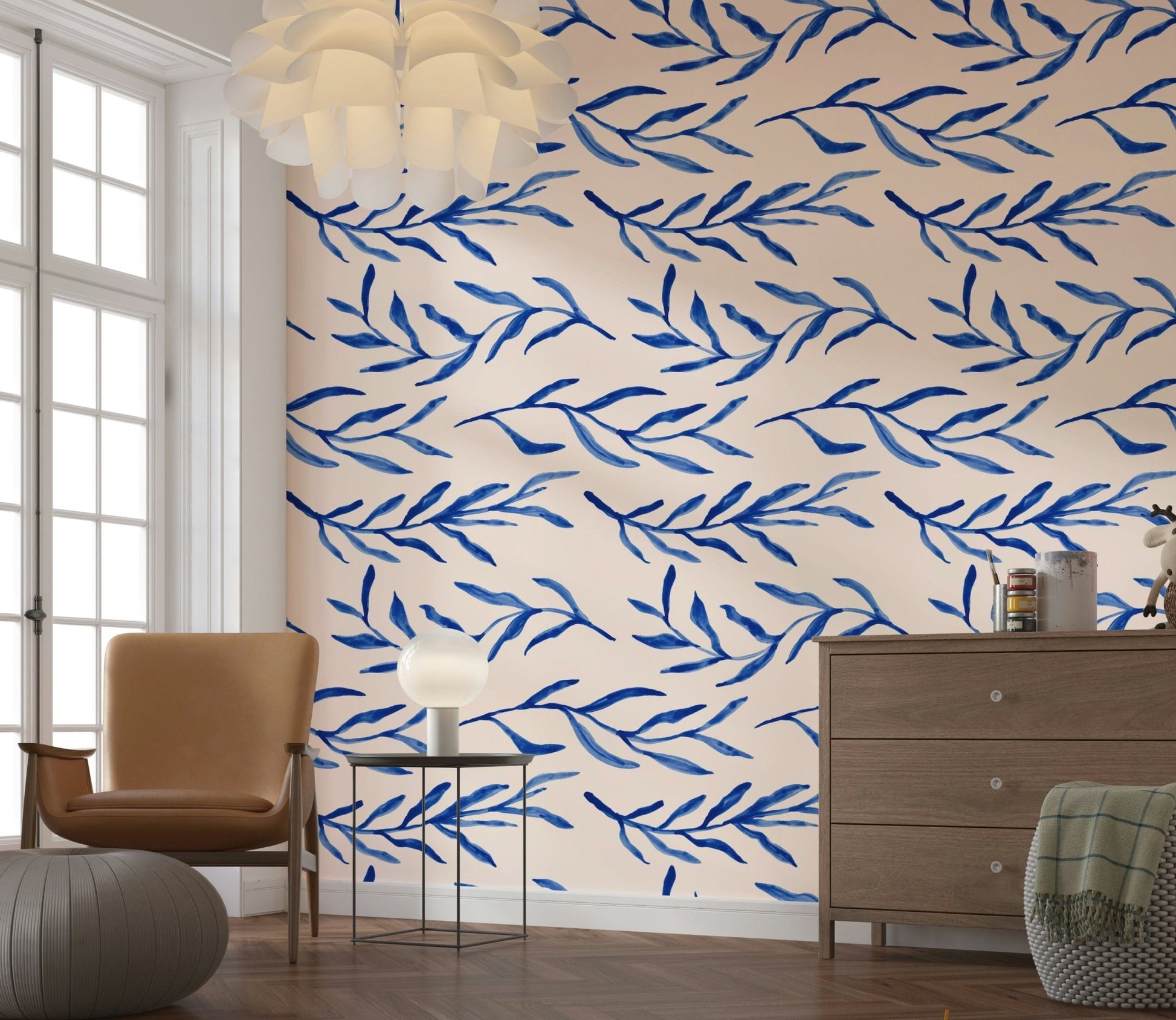 Watercolor foliage pattern of the Blue Botanical Print Wallpaper design.