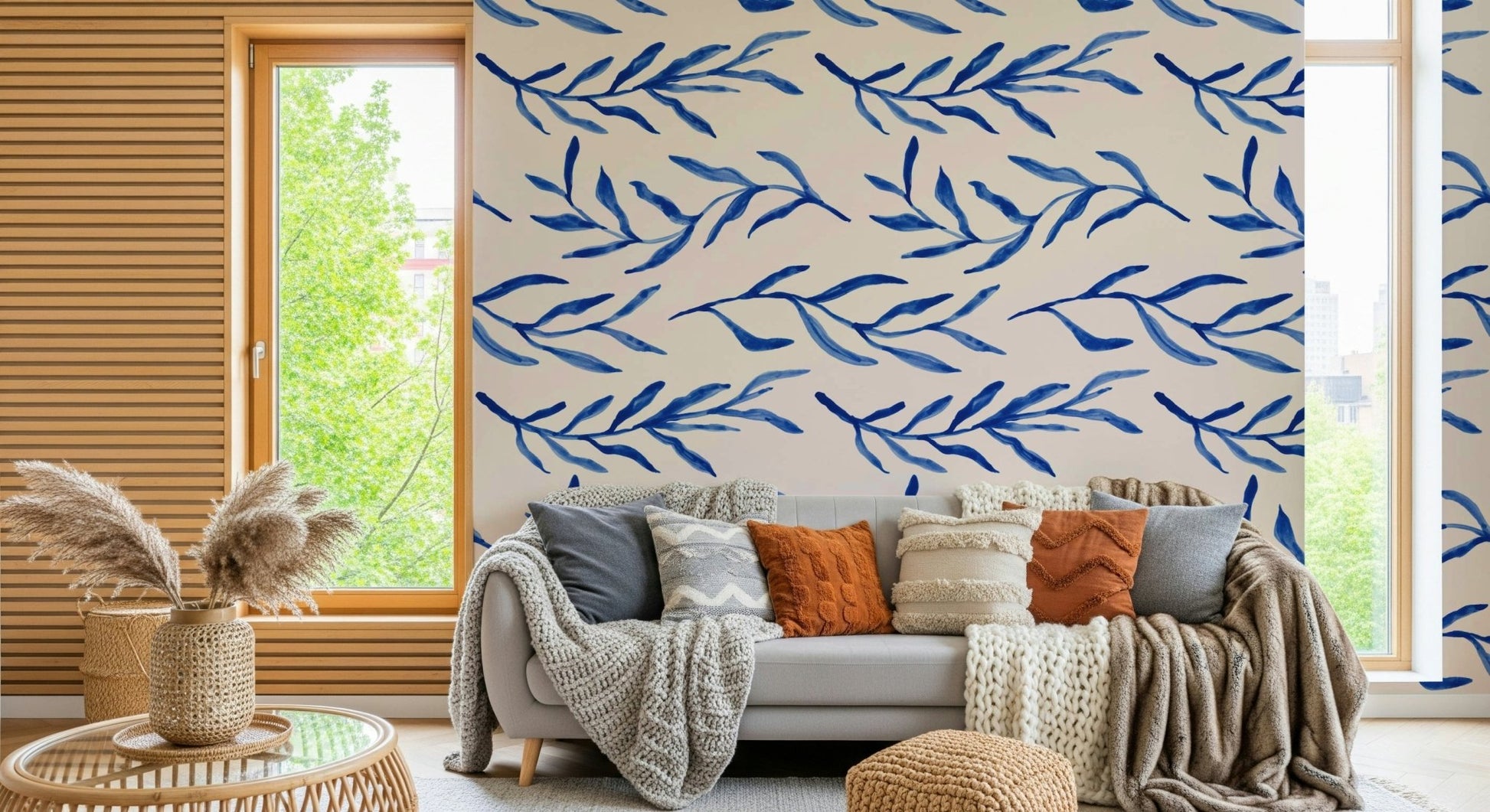 Botanical wallpaper for walls using the Blue Botanical Print Wallpaper.