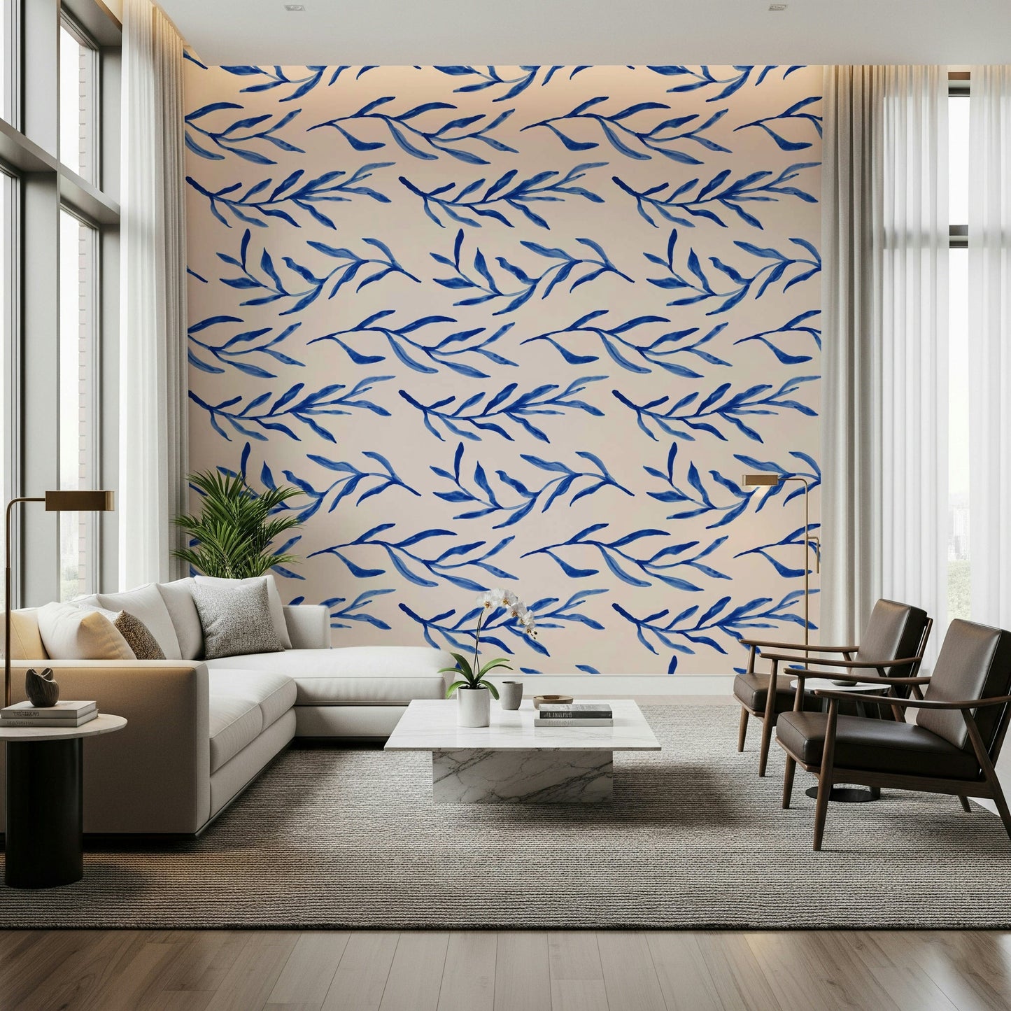 Abstract leaf motif on the Blue Botanical Print Wallpaper print.