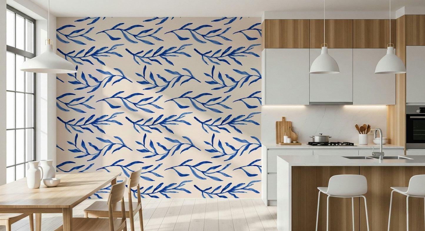 Fresh nature pattern on the Blue Botanical Print Wallpaper.