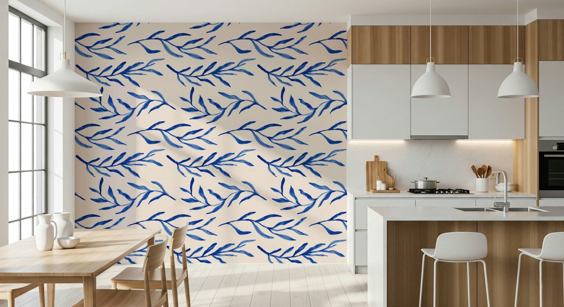 Fresh nature pattern on the Blue Botanical Print Wallpaper.