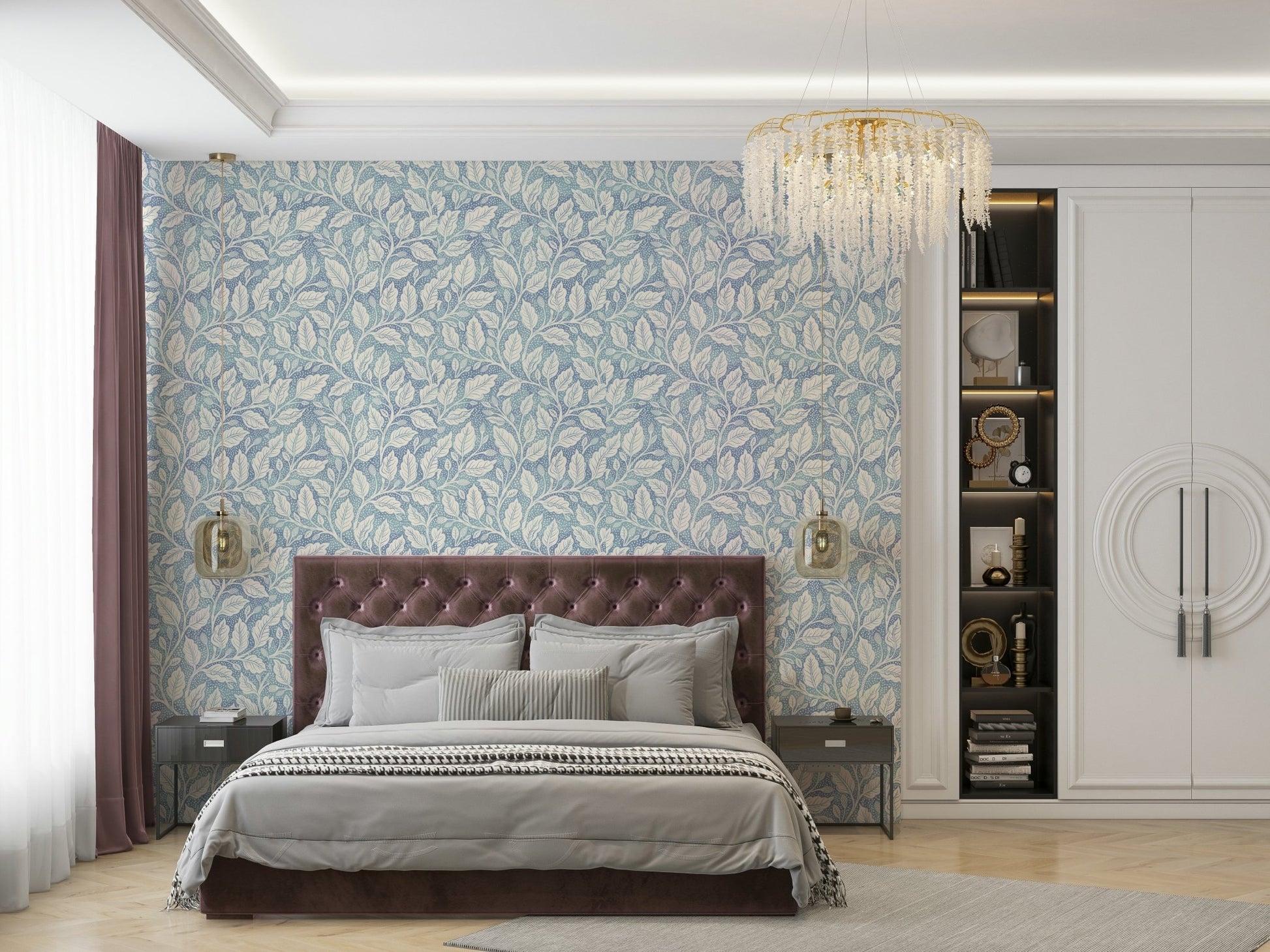 Subtle blue leaf pattern on wallpaper

