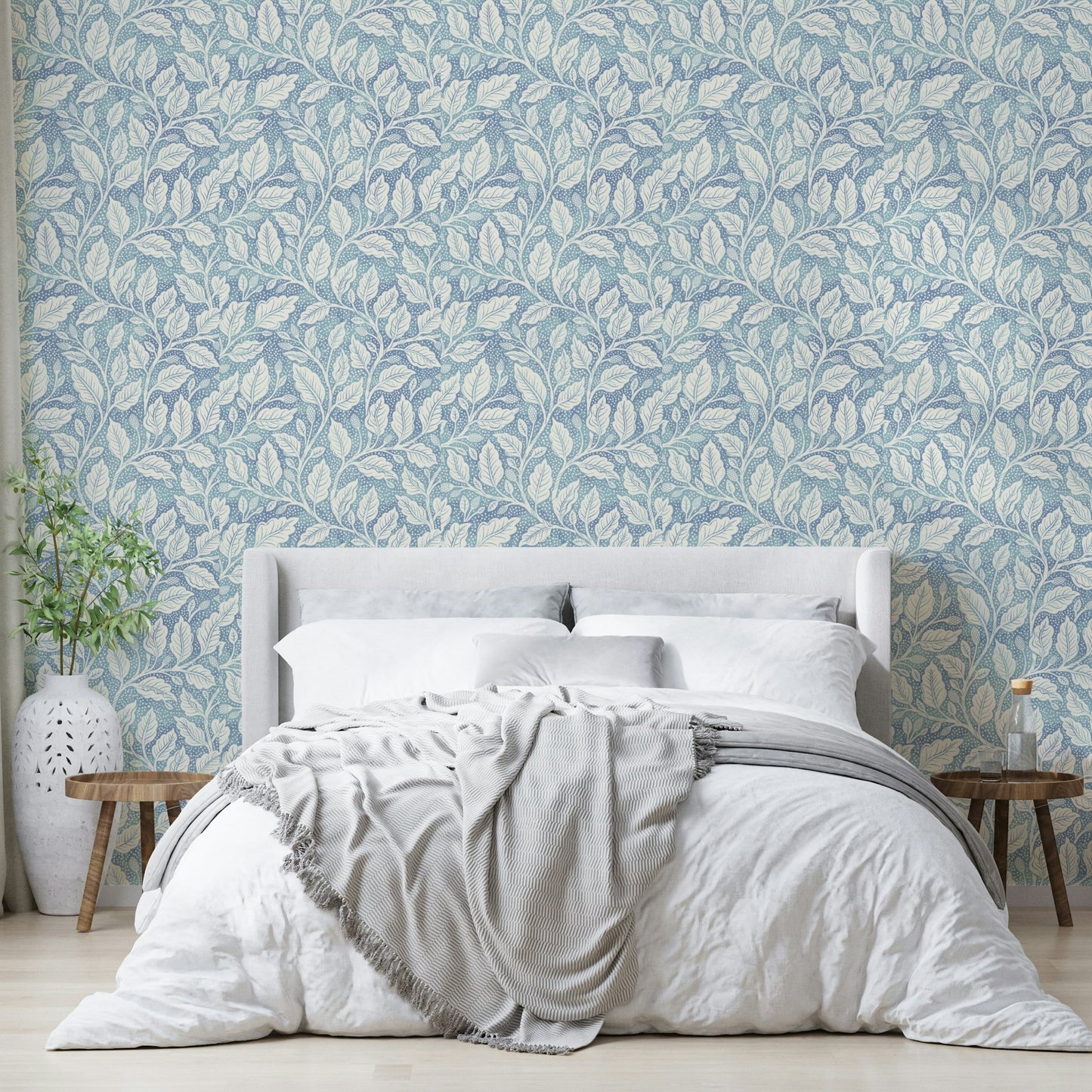 Soft blue leaf and branch pattern wallpaper

