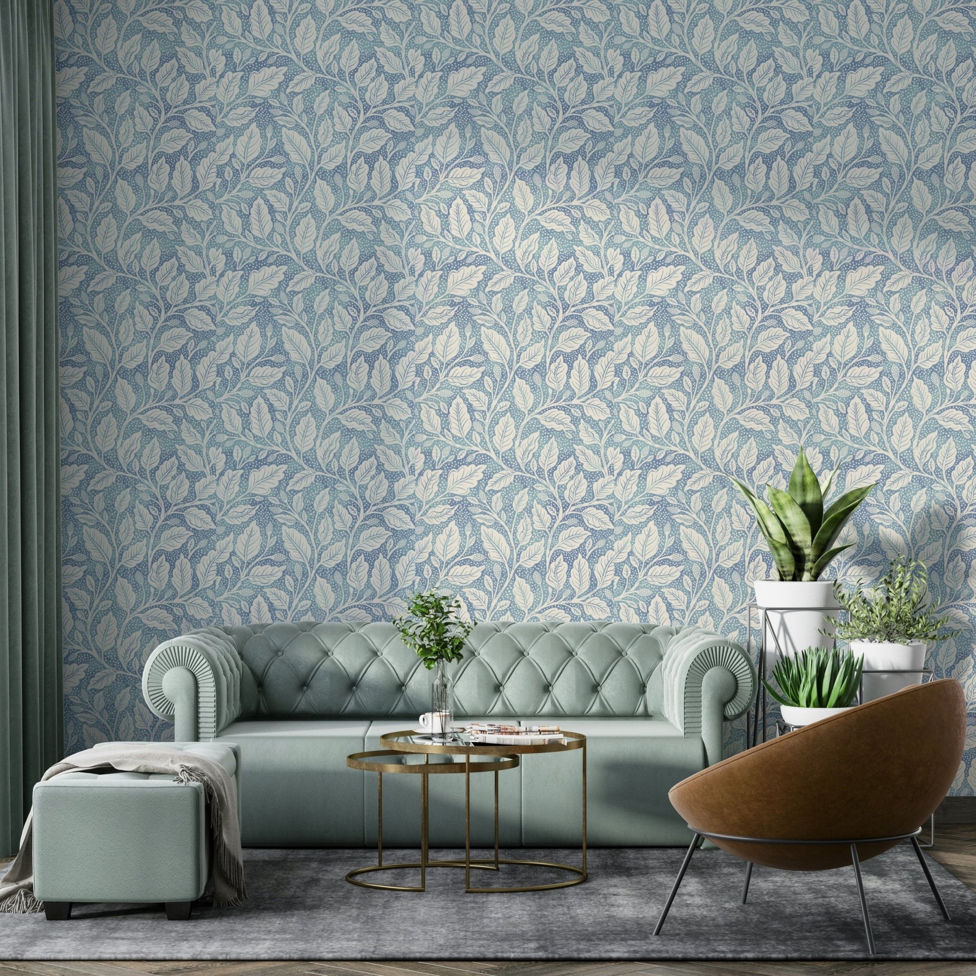 Blue wallpaper with floral leaf accents

