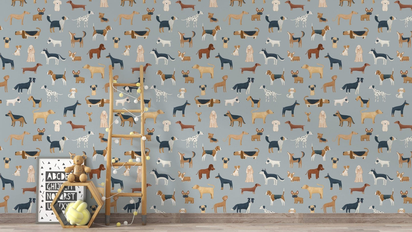Canine-themed blue wallpaper for playrooms
