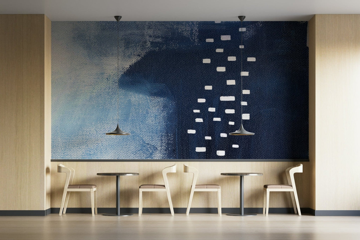 An artistic modern block mural on minimalist wallpaper.

