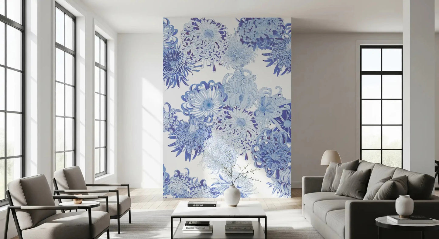 Delicate floral wall mural showing hand-drawn chrysanthemum blooms on white