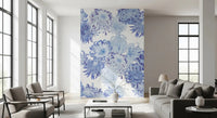 Delicate floral wall mural showing hand-drawn chrysanthemum blooms on white