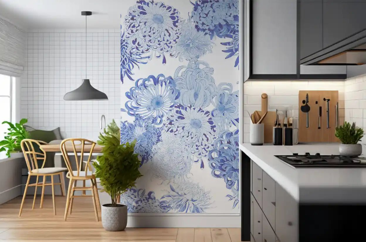 Elegant botanical wall mural featuring clustered blue chrysanthemums and texture
