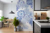Elegant botanical wall mural featuring clustered blue chrysanthemums and texture