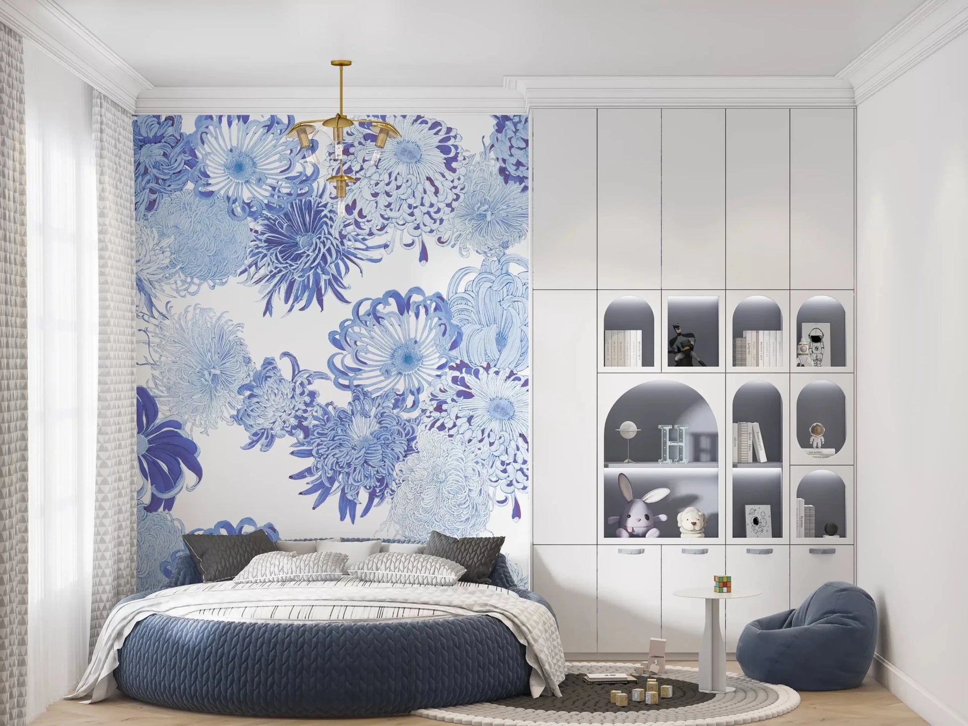Soft blue flower wall mural with dense botanical pattern and airy composition