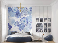 Soft blue flower wall mural with dense botanical pattern and airy composition