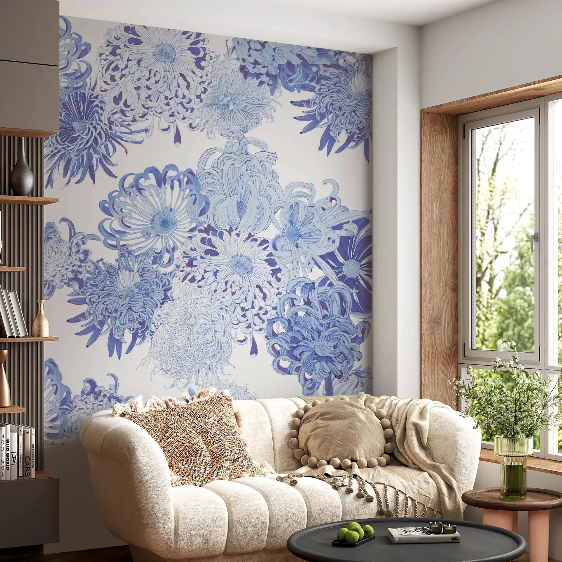 Living room styled with Blue Chrysanthemum Cascade wall mural in cool floral tones