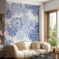 Living room styled with Blue Chrysanthemum Cascade wall mural in cool floral tones