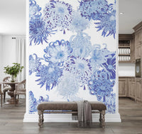 Layered chrysanthemum wall mural with blue, lavender, and white floral clusters