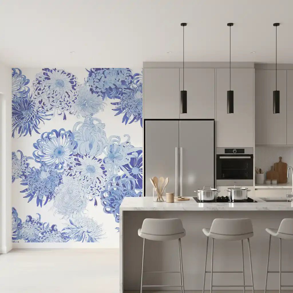 Detailed chrysanthemum wall mural in pale blue shades with fine petal linework