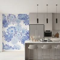 Detailed chrysanthemum wall mural in pale blue shades with fine petal linework