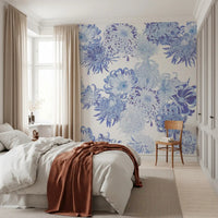Bedroom wall featuring Blue Chrysanthemum Cascade wall mural with layered blooms