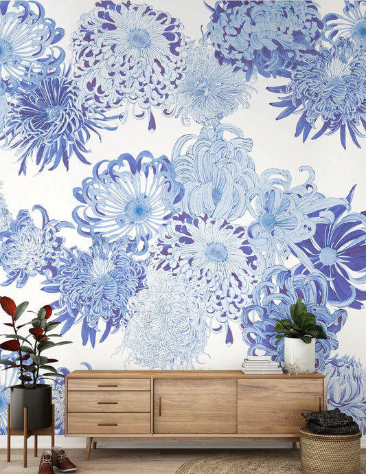 Hallway finished in Blue Chrysanthemum Cascade wall mural and soft blue flowers