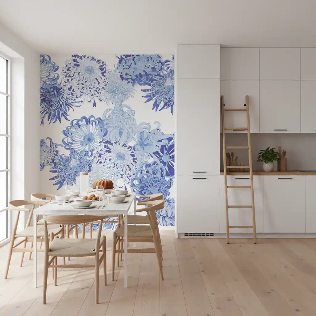 Dining space with Blue Chrysanthemum Cascade wall mural in detailed petal forms