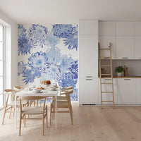 Dining space with Blue Chrysanthemum Cascade wall mural in detailed petal forms