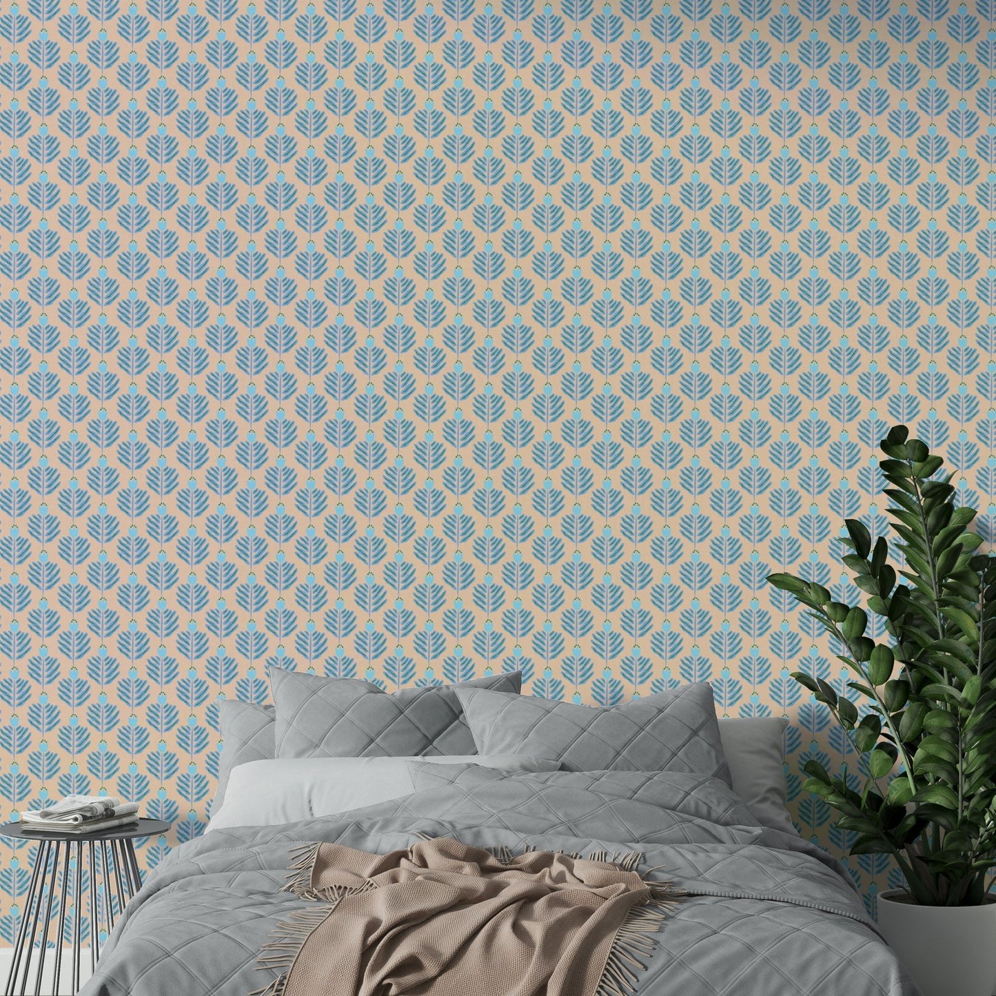 Bedroom accent wall with blue plant design

