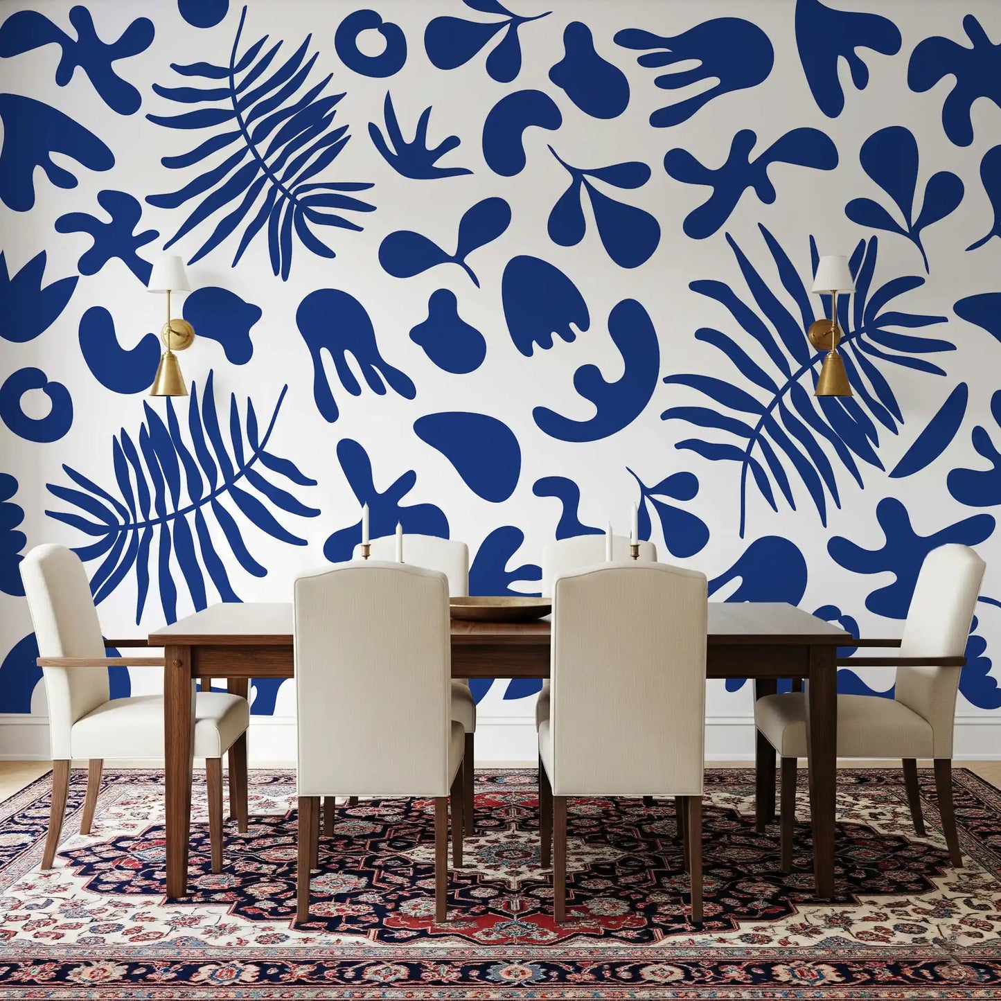 Blue Clipped Garden wall mural in dining room with bold botanical cutout pattern