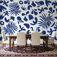 Blue Clipped Garden wall mural in dining room with bold botanical cutout pattern